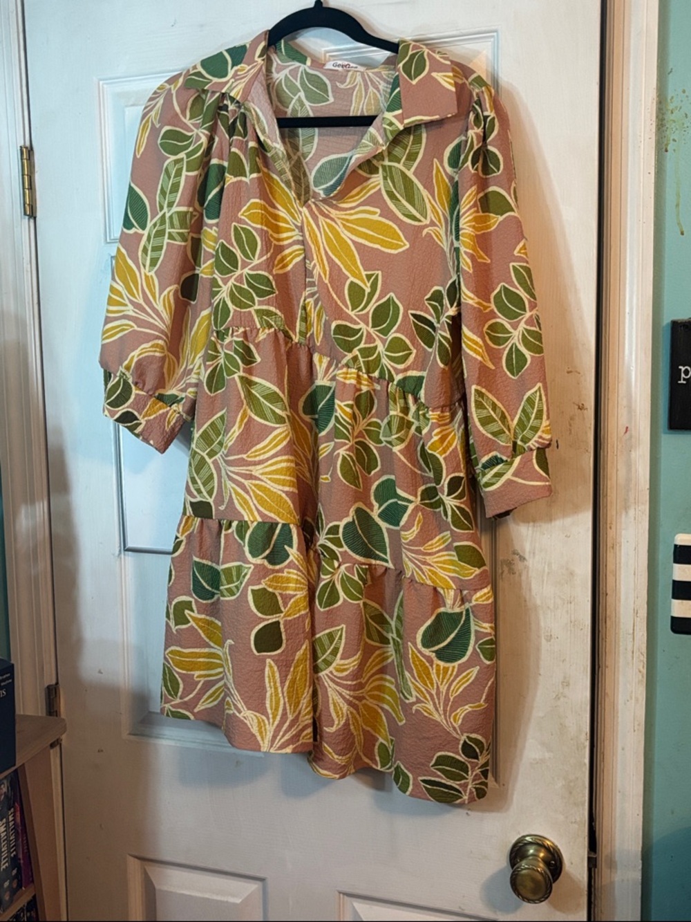 Tiered Midi Shirt Dress in Mauve with Green & Yellow Leaf Print Size Large